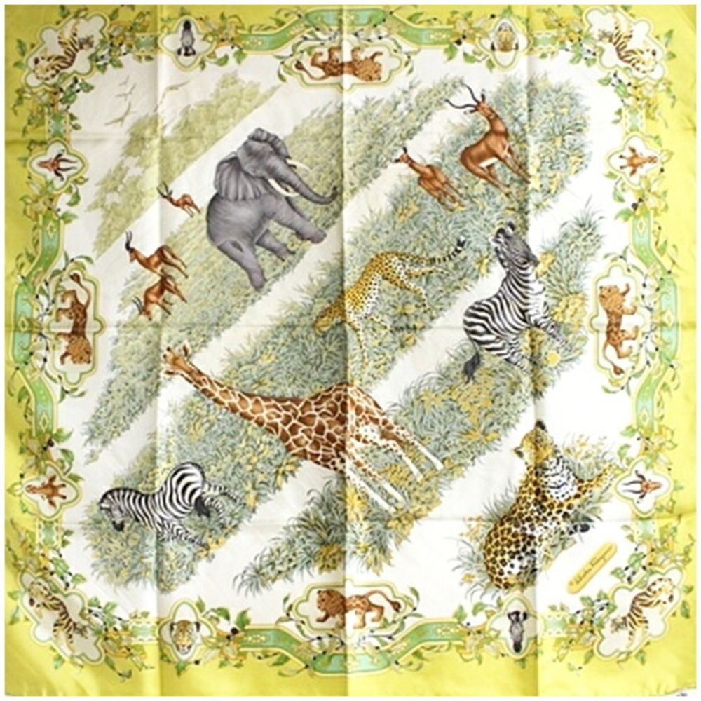 Salvatore Ferragamo Silk Scarf/Muffler, Yellow x Ivory, Animal Print, Ferraga...